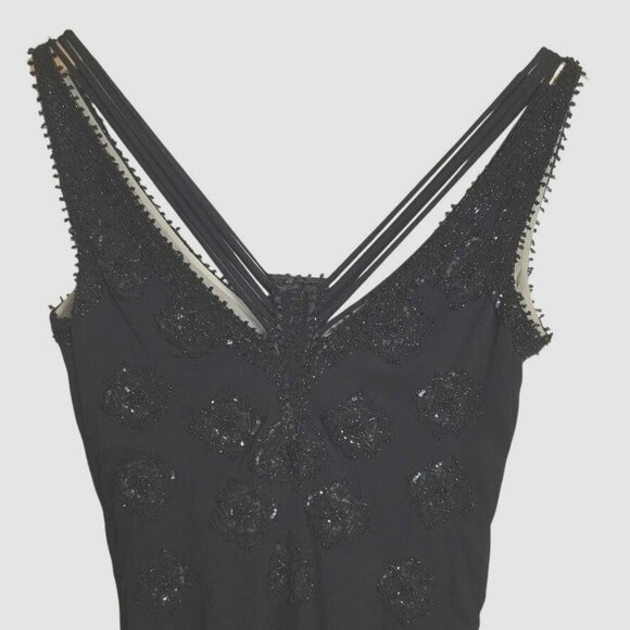 Vintage BADGLEY MISCHKA Triple V Neck Hand Beaded Silk Black Cocktail Dress 8 - Picture 1 of 10